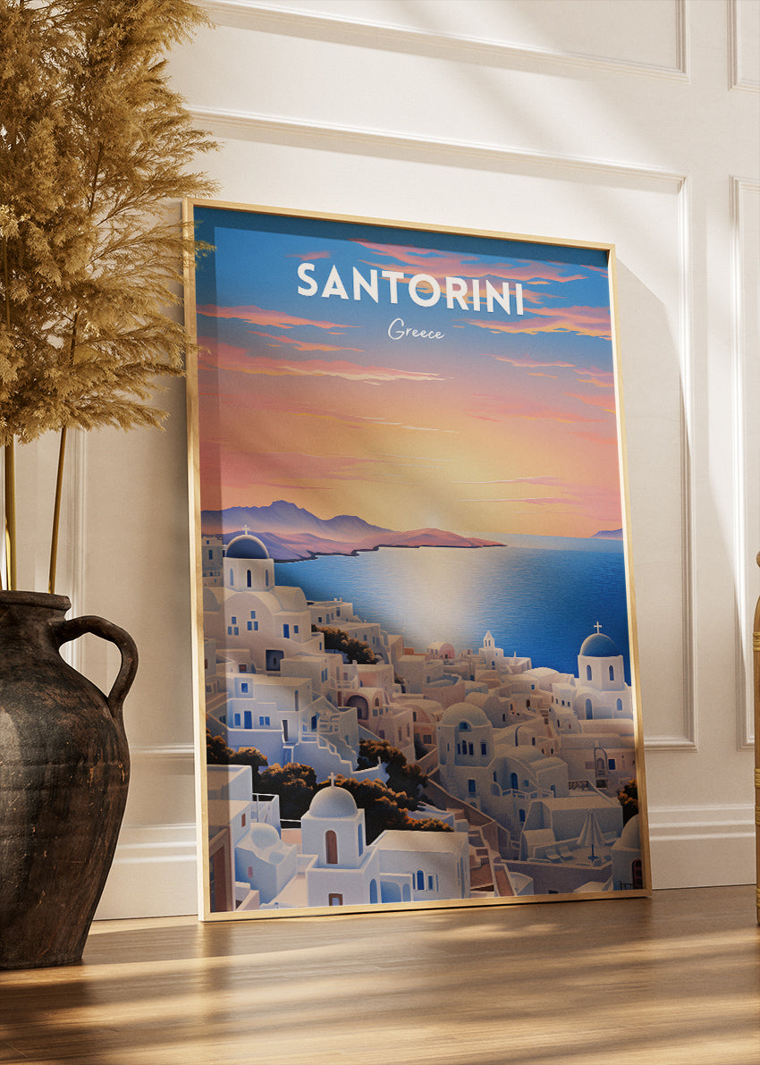 Santorini Greece Sunset View Poster & Canvas Print – Illustrated Cycladic Blue Dome Art