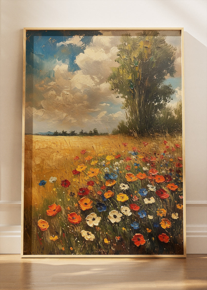 Wildflower Meadow in Golden Field – Rustic Floral Landscape Wall Art Poster & Canvas – AI PRINT LAB