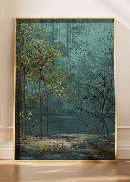 Emerald Lakeside Stillness – Moody Forest Landscape Canvas & Poster Print – AI PRINT LAB