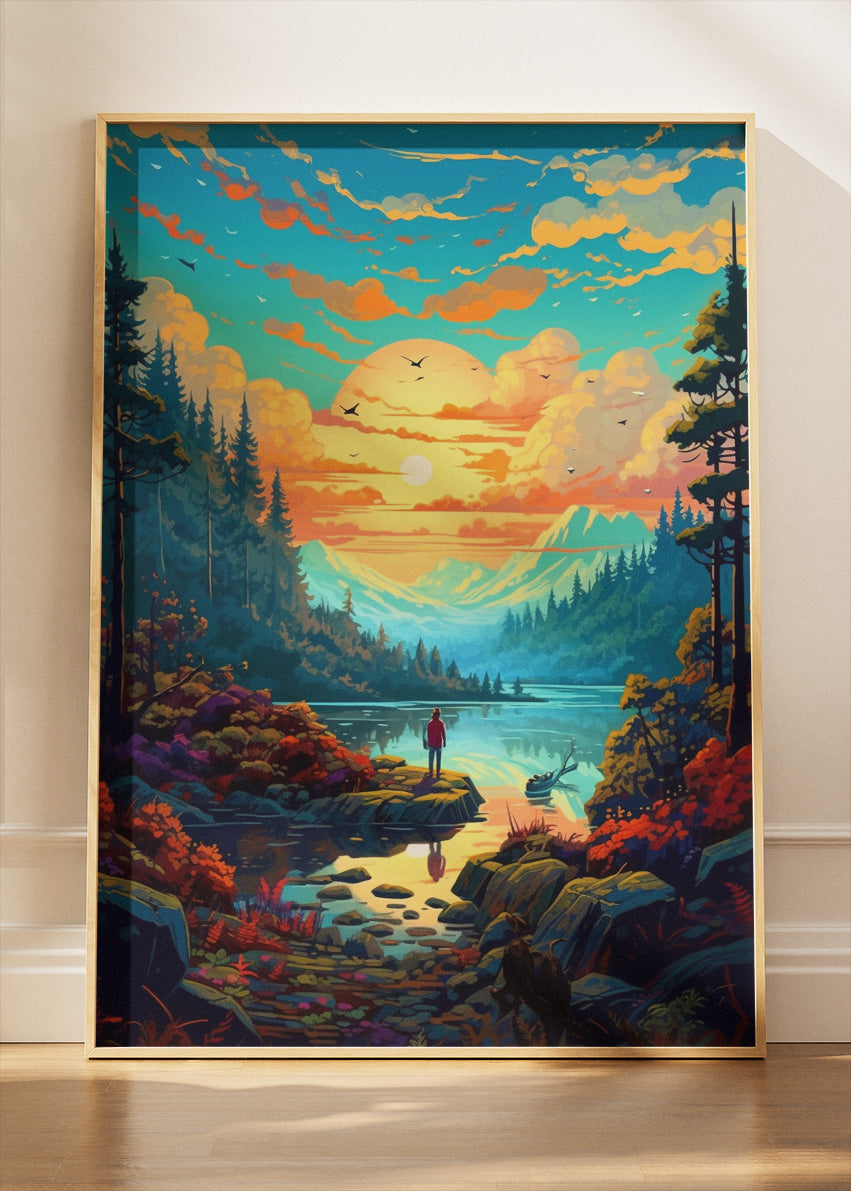Golden Horizon Reflection – Vibrant Mountain Lake Sunset Canvas & Poster Print – AI PRINT LAB