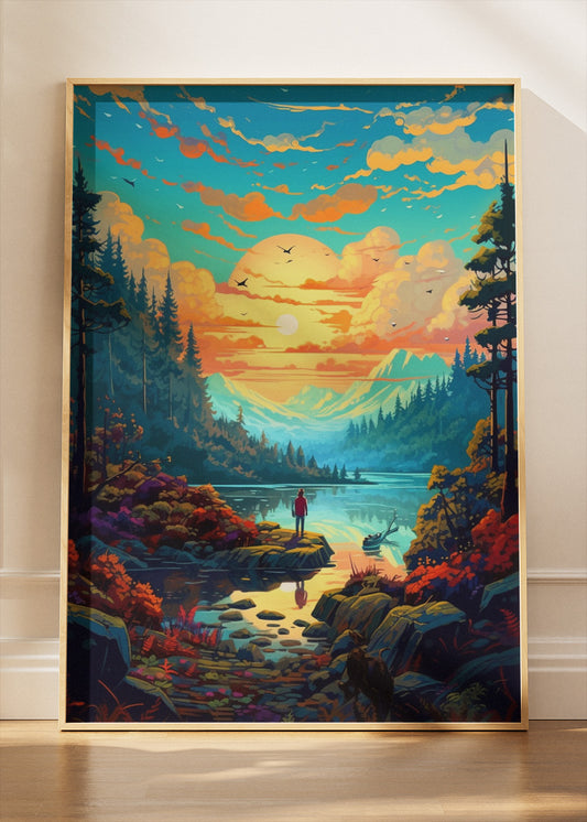 Golden Horizon Reflection – Vibrant Mountain Lake Sunset Canvas & Poster Print – AI PRINT LAB