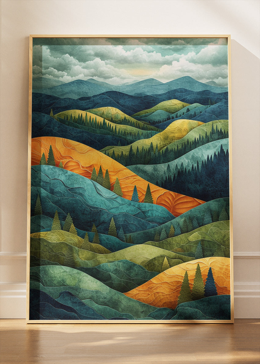 Emerald & Golden Rolling Hills – Layered Forest Landscape Canvas & Poster Print – AI PRINT LAB