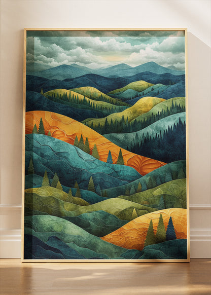 Emerald & Golden Rolling Hills – Layered Forest Landscape Canvas & Poster Print – AI PRINT LAB