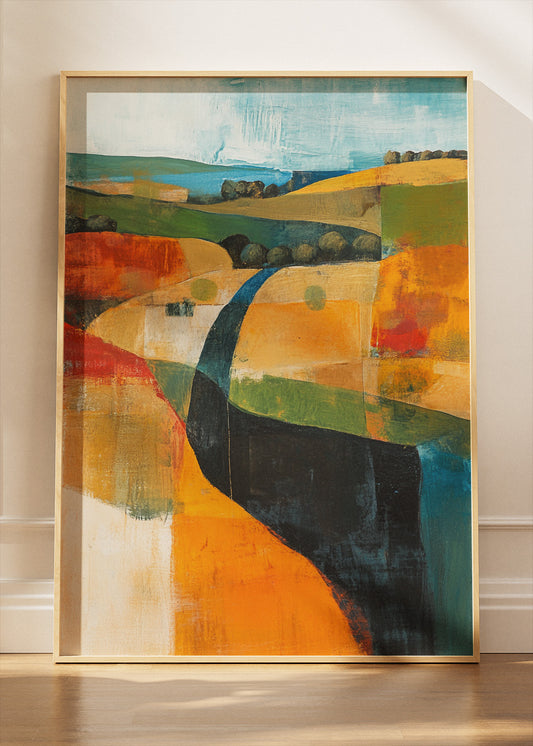 Abstract Patchwork Fields & River – Modern Colour Block Landscape Canvas & Poster Print – AI PRINT LAB