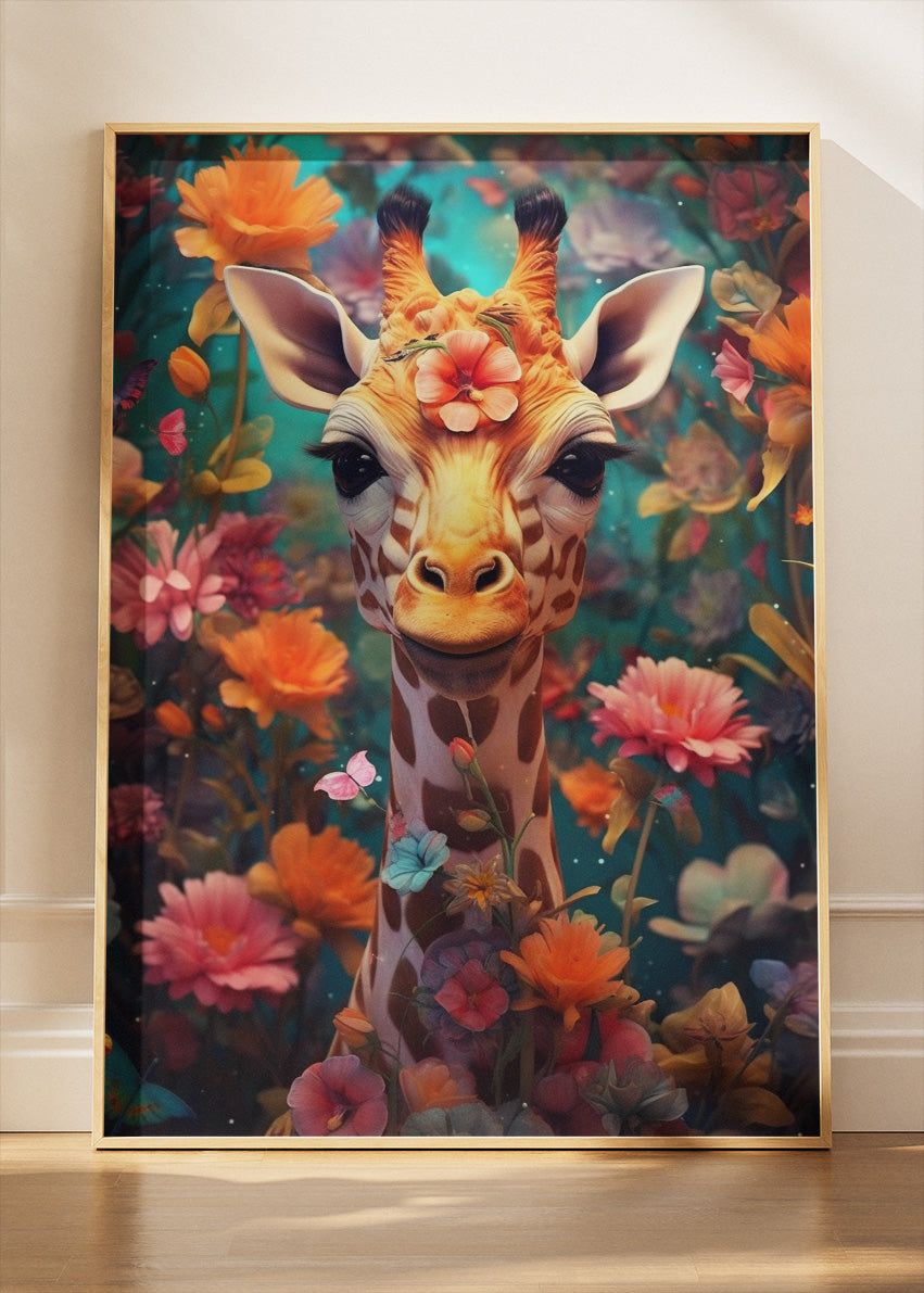 Whimsical Giraffe in Flower Garden Poster & Canvas Print – Colourful Fantasy Animal Art