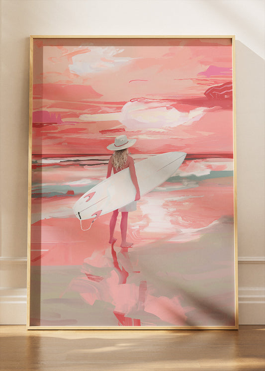 Blush Sunset Surfer – Pink Coastal Beach Canvas & Poster Print – AI PRINT LAB