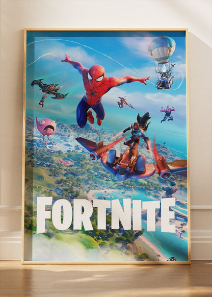 Superhero Action Fortnite Wall Art Poster & Canvas – Aerial Adventure Gaming Artwork