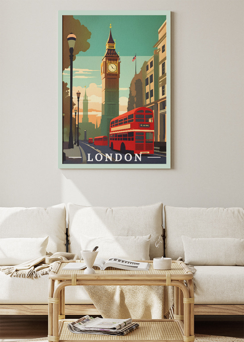 London Big Ben & Red Bus Poster & Canvas Print – Illustrated City Art – A1003
