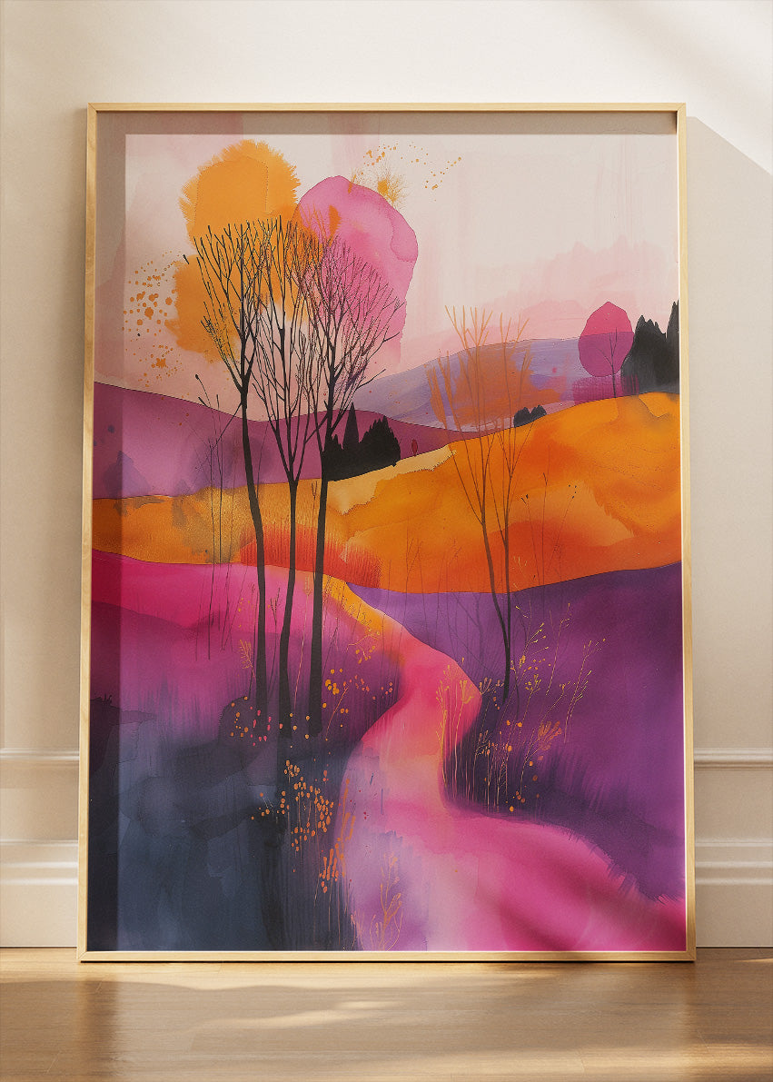 Vibrant Abstract Landscape Wall Art – Colourful Modern Hills Canvas Print & Pink Purple Nature Poster for Living Room Decor UK