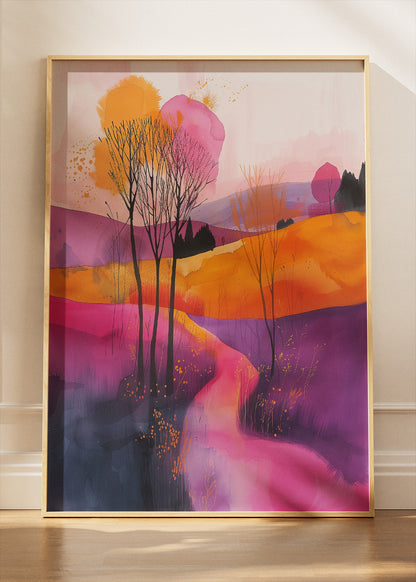 Vibrant Abstract Landscape Wall Art – Colourful Modern Hills Canvas Print & Pink Purple Nature Poster for Living Room Decor UK