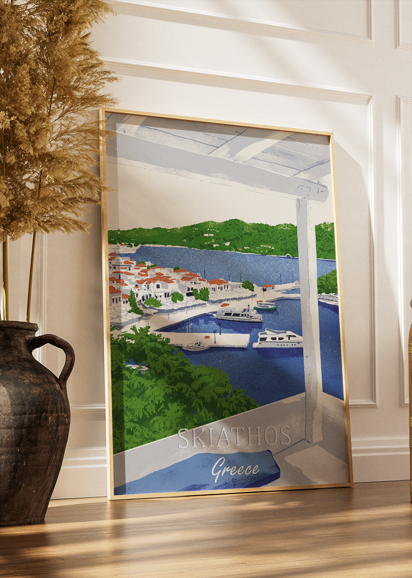 Skiathos Greece Harbour View Poster & Canvas Print – Illustrated Island Art