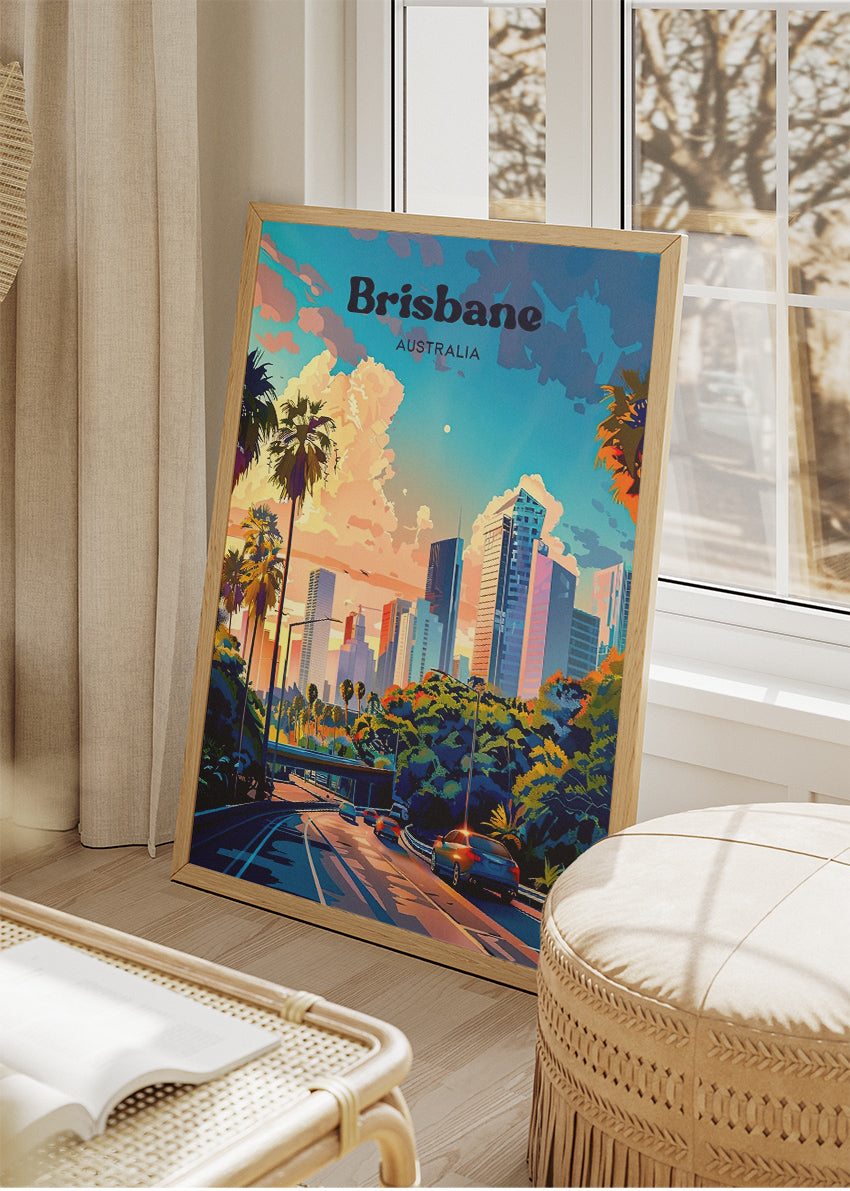 Brisbane Australia Travel Poster & Canvas Wall Art – City Skyline Sunset Print