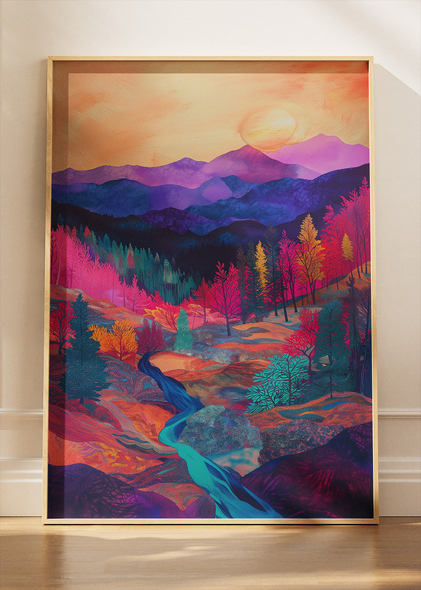 Neon Valley Sunset – Vibrant Mountain Landscape Canvas & Poster Print – AI PRINT LAB
