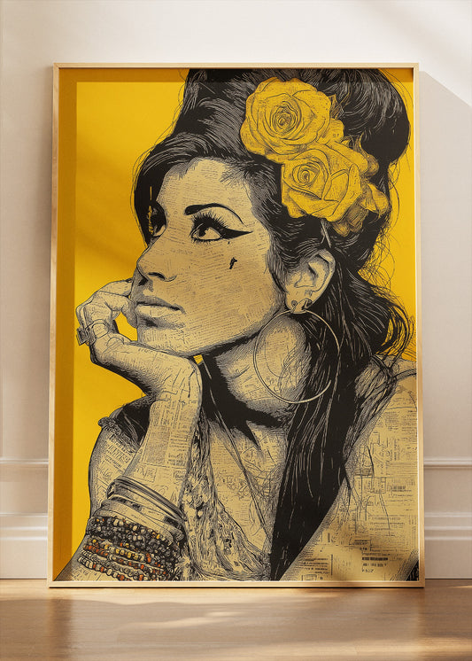 Amy Winehouse Yellow Portrait Wall Art Poster & Canvas Print – Modern Monochrome Icon Illustration