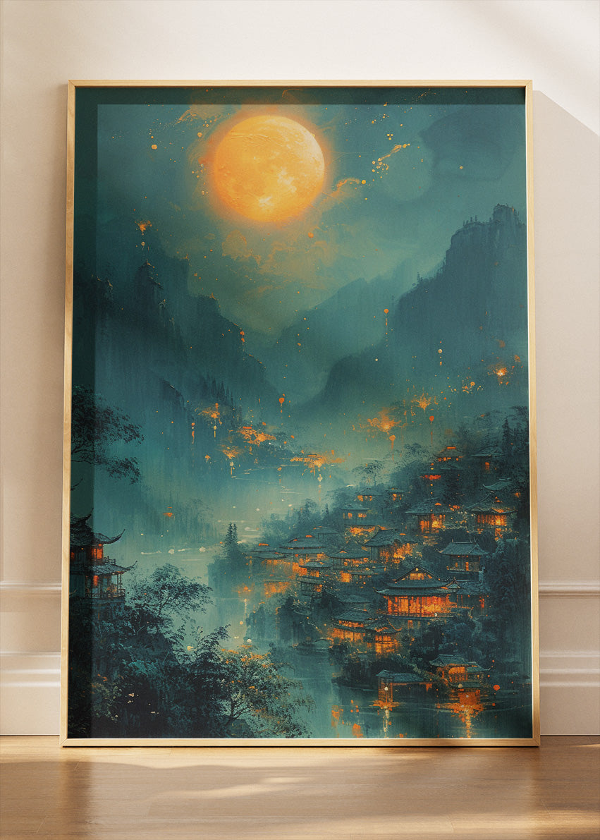 Golden Moonlit Village – Mystical Asian Night Landscape Canvas & Poster Print – AI PRINT LAB