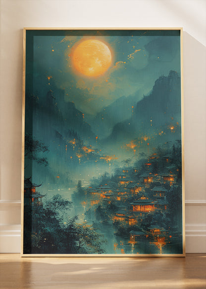 Golden Moonlit Village – Mystical Asian Night Landscape Canvas & Poster Print – AI PRINT LAB