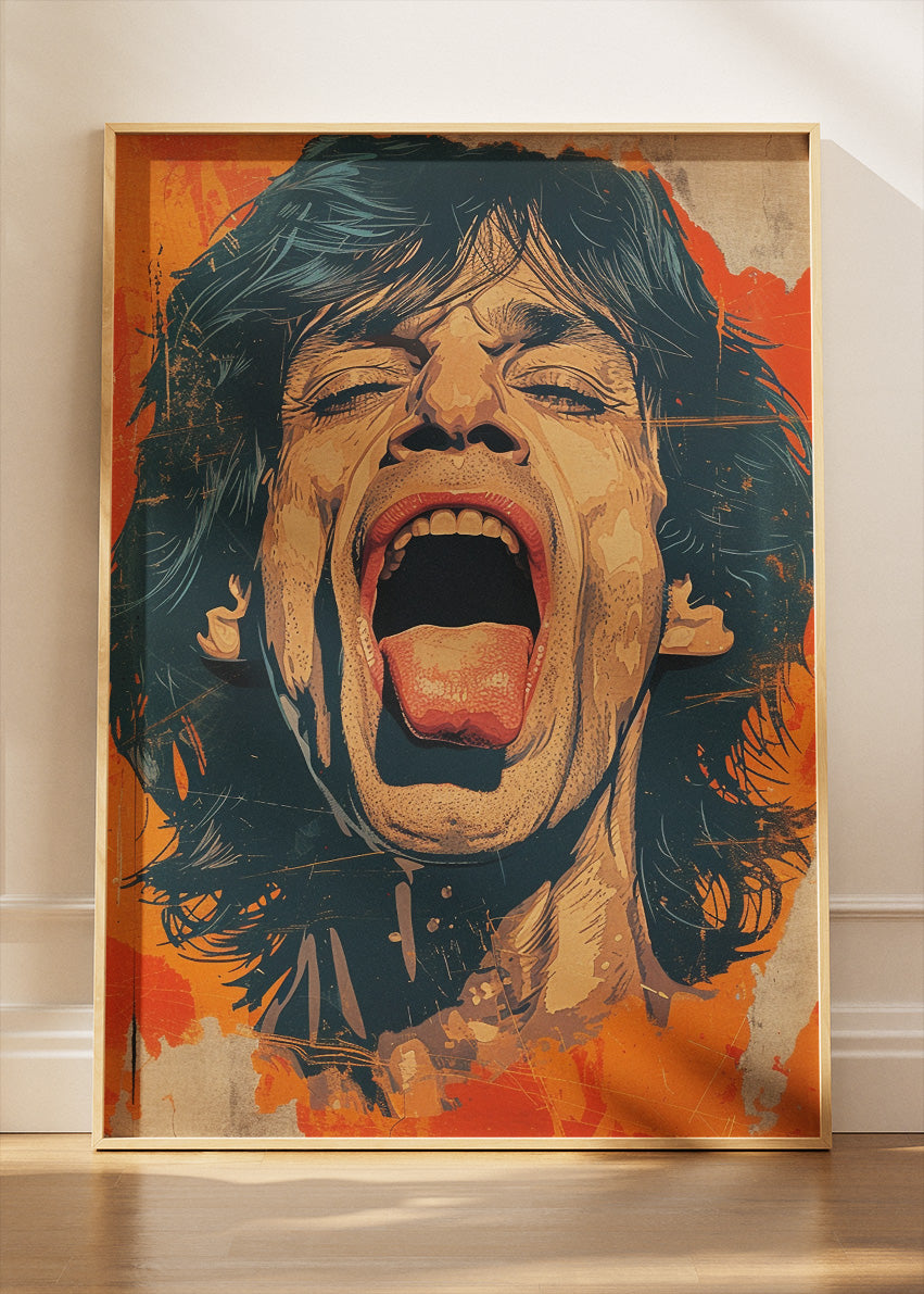 Mick Jagger Screaming Portrait Wall Art Poster & Canvas Print – Vintage Rock Icon Illustration