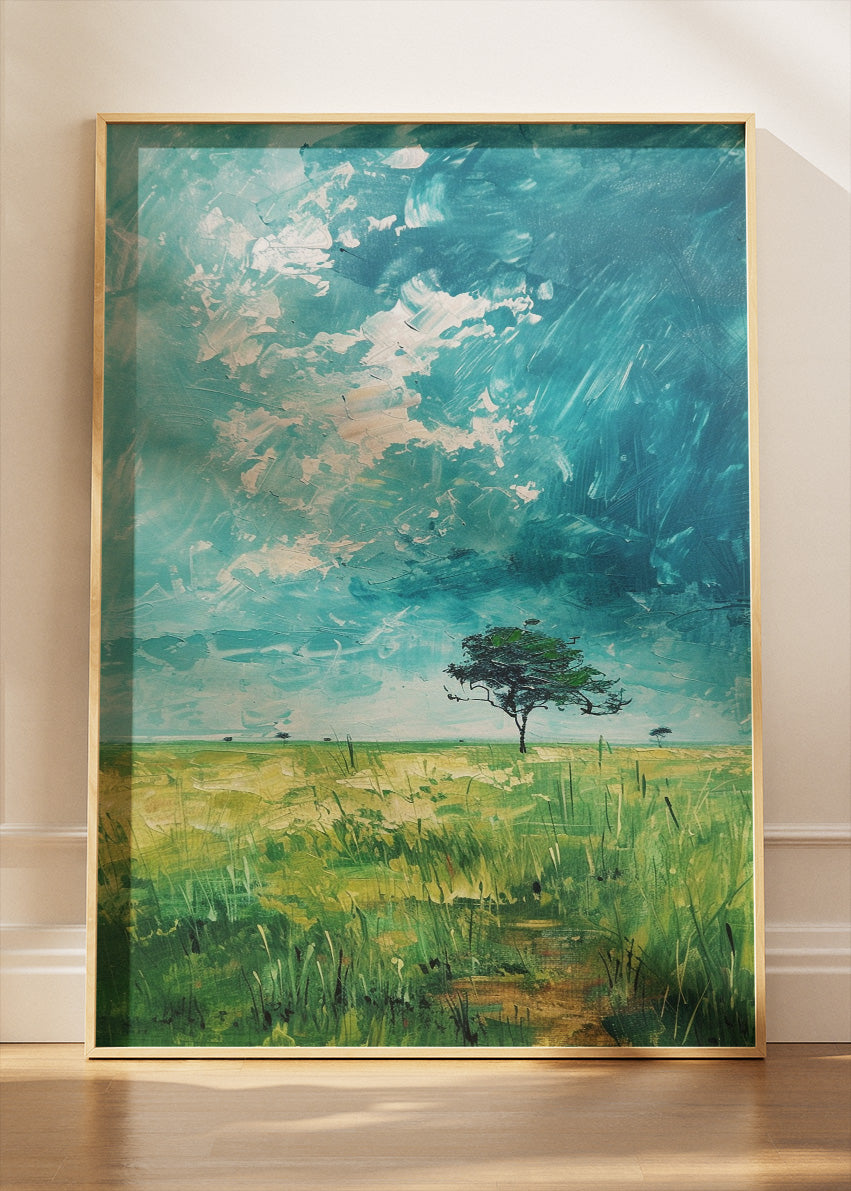Solitary Tree Under Turquoise Sky – Minimalist Meadow Landscape Canvas & Poster Print – AI PRINT LAB