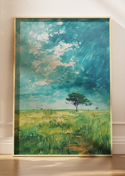 Solitary Tree Under Turquoise Sky – Minimalist Meadow Landscape Canvas & Poster Print – AI PRINT LAB