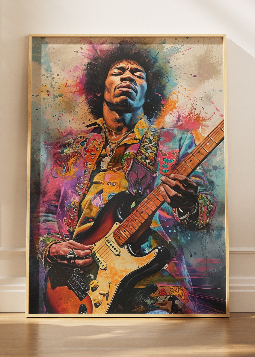 Jimi Hendrix Electric Guitar Wall Art Poster & Canvas Print – Colourful Rock Legend Portrait
