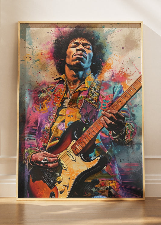 Jimi Hendrix Electric Guitar Wall Art Poster & Canvas Print – Colourful Rock Legend Portrait