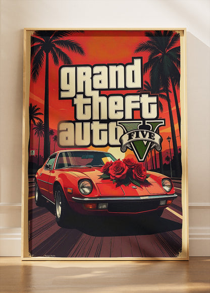 Grand Theft Auto V Wall Art Poster & Canvas – Iconic Sports Car & Sunset Gaming Artwork