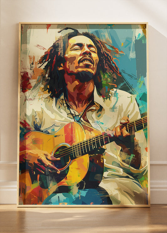 Bob Marley Acoustic Guitar Wall Art Poster & Canvas Print – Reggae Legend Colourful Portrait