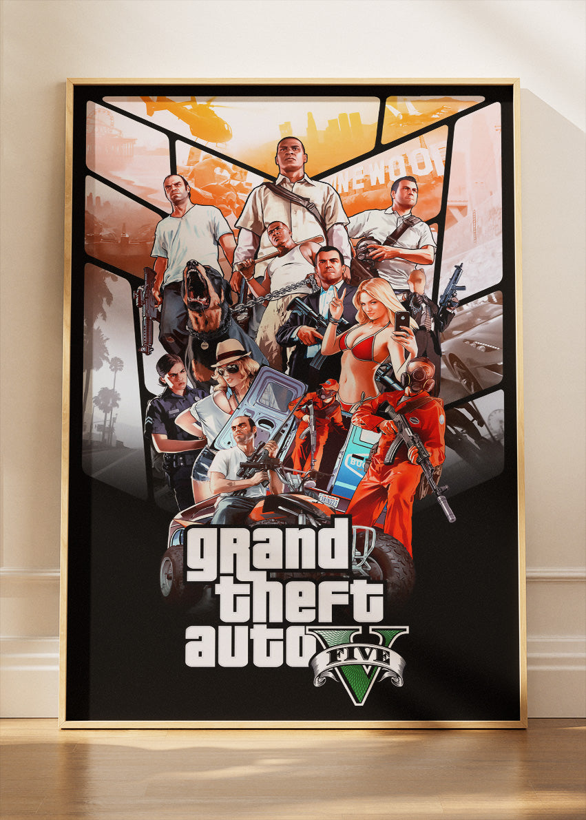 Grand Theft Auto V Wall Art Poster & Canvas – Iconic Character Collage Gaming Artwork