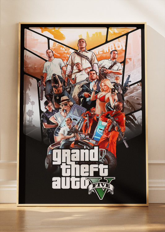 Grand Theft Auto V Wall Art Poster & Canvas – Iconic Character Collage Gaming Artwork