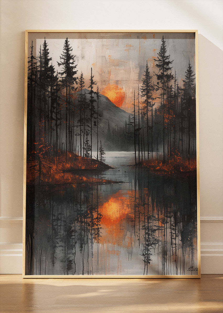 Moody Forest Sunset Reflection – Dark Pine Lake Canvas & Poster Print – AI PRINT LAB