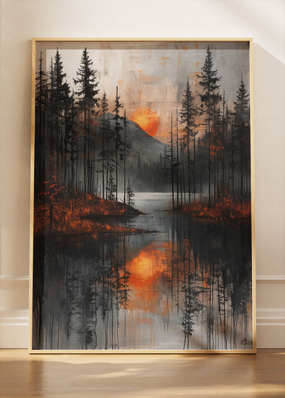 Moody Forest Sunset Reflection – Dark Pine Lake Canvas & Poster Print – AI PRINT LAB