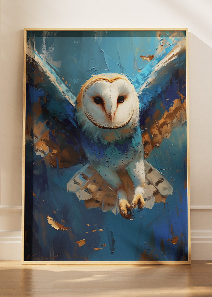 Majestic Barn Owl in Flight Poster & Canvas Print – Blue Wildlife Art Wall Decor