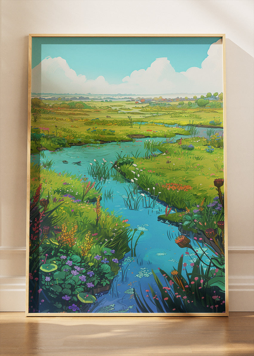 Wildflower Meadow River Landscape – Serene Countryside Canvas & Poster Print – AI PRINT LAB