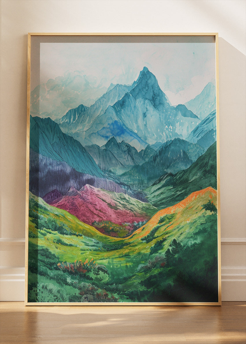 Colourful Mountain Valley Landscape – Vibrant Nature Wall Art Poster & Canvas – AI PRINT LAB