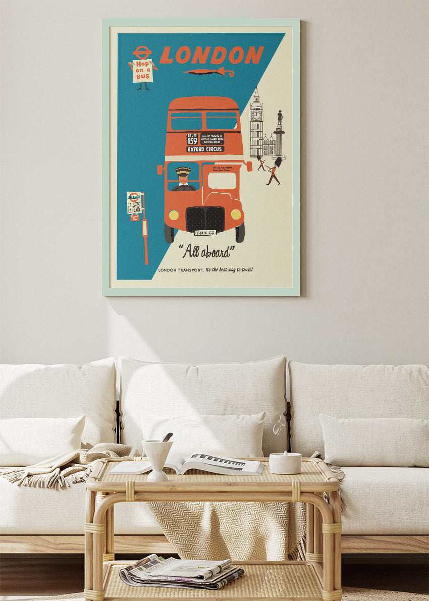 London Retro Bus Travel Poster & Canvas Print – Vintage Illustration Art – A1004