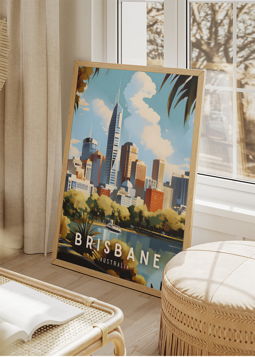 Brisbane Australia Travel Poster & Canvas Wall Art – City Skyline River View Print