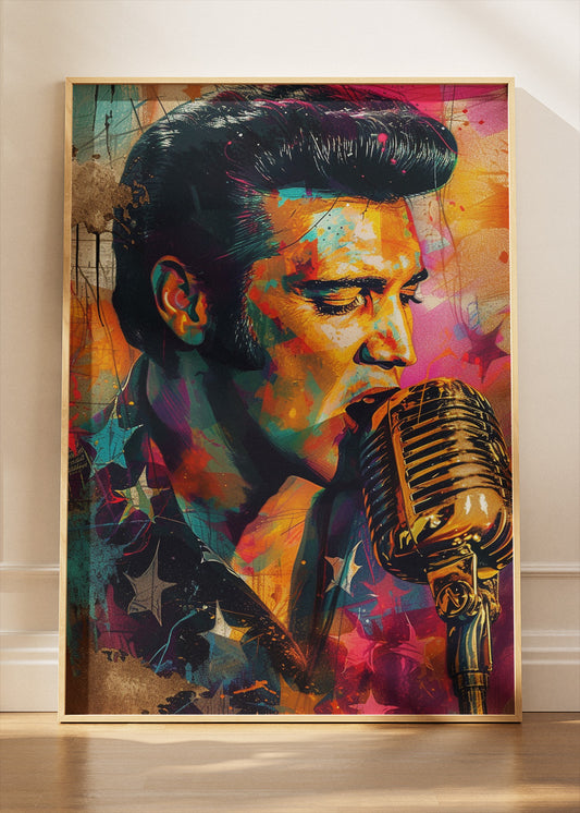 Elvis Presley Vintage Microphone Portrait Wall Art Poster & Canvas Print – Rock and Roll Icon Artwork