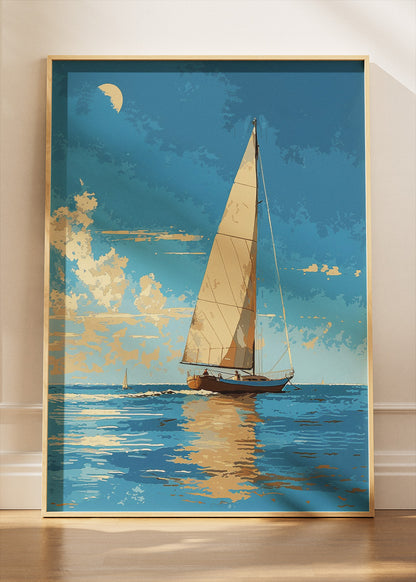 Golden Hour Sailing Boat – Calm Ocean Coastal Canvas & Poster Print – AI PRINT LAB