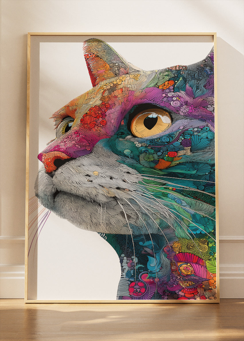 Colourful Cat Portrait Poster & Canvas Print – Modern Line Art Animal Wall Decor