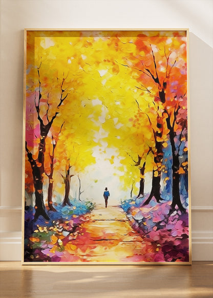 Golden Autumn Forest Path – Vibrant Fall Landscape Canvas & Poster Print – AI PRINT LAB