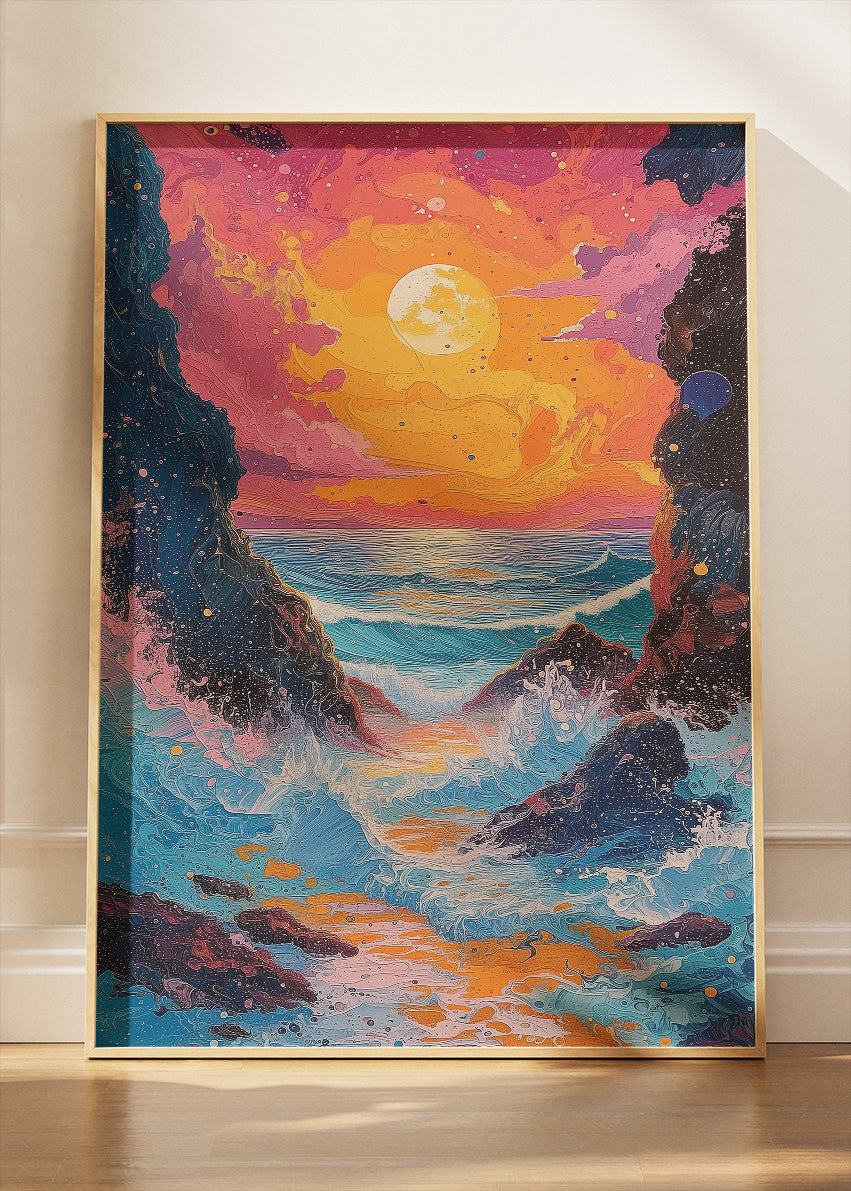 Vibrant Ocean Sunset Between Cliffs – Colorful Seascape Canvas & Poster Print – AI PRINT LAB