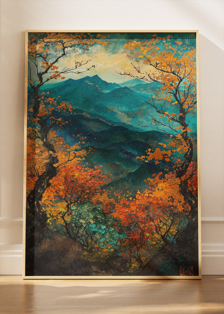 Autumn Mountain Vista – Teal & Amber Forest Canvas & Poster Print – AI PRINT LAB