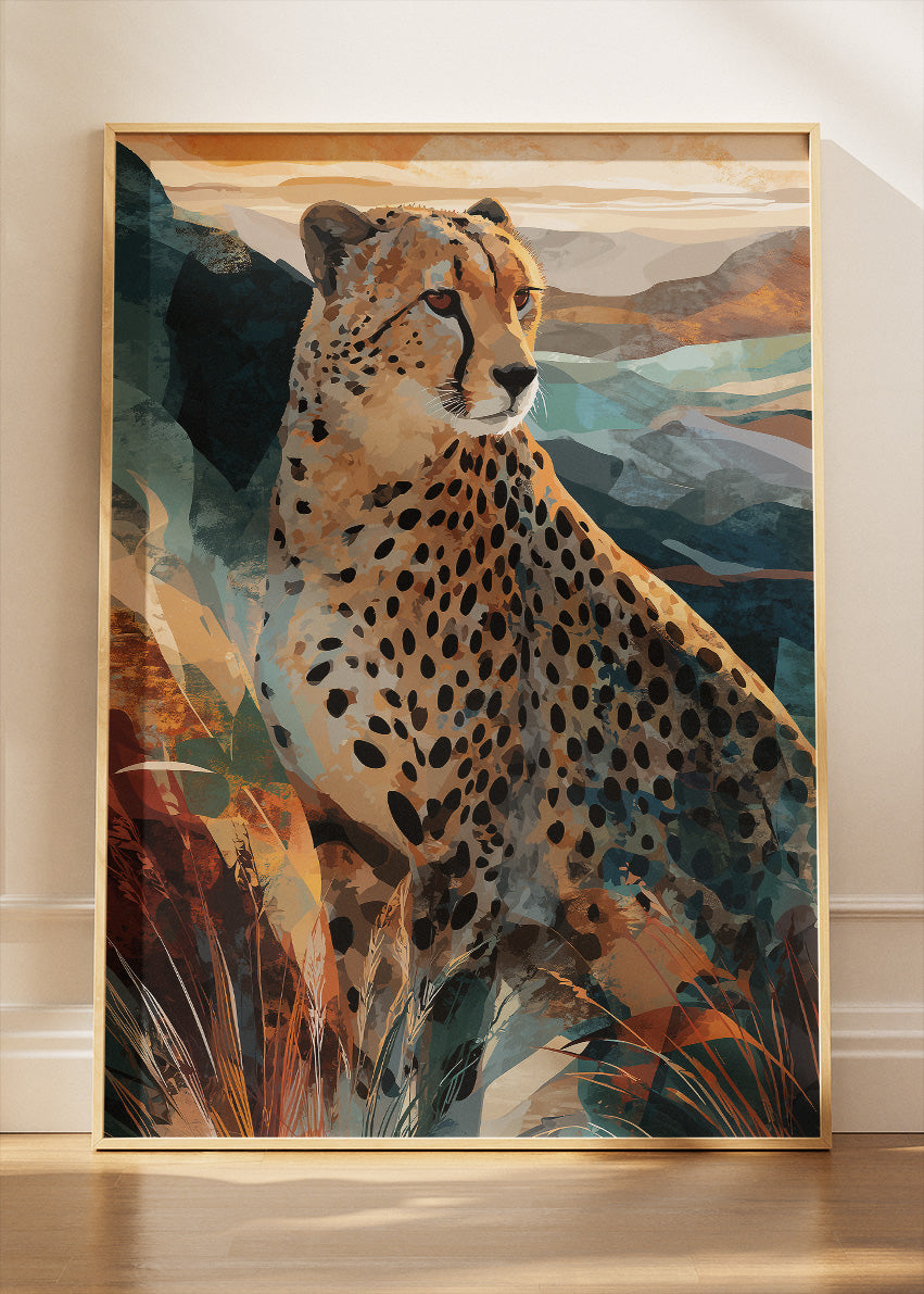 Cheetah Mountain Landscape Wall Art Poster & Canvas Print – Modern Wildlife Illustration