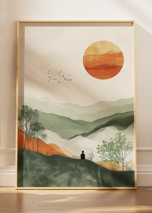 Minimalist Sunset Hills – Sage Green & Terracotta Landscape Canvas & Poster Print – AI PRINT LAB