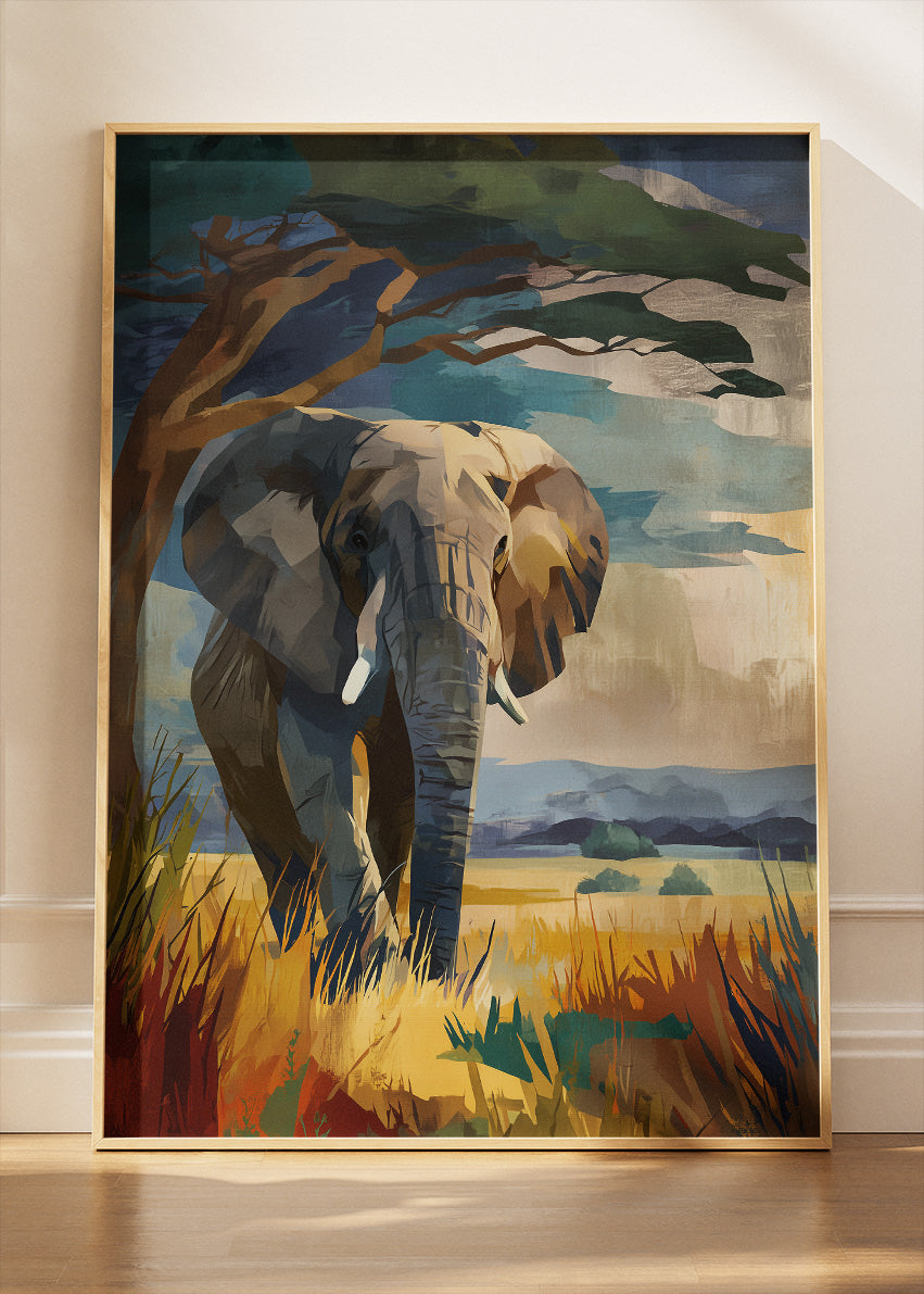 African Elephant Savannah Wall Art Poster & Canvas Print – Modern Wildlife Landscape Illustration