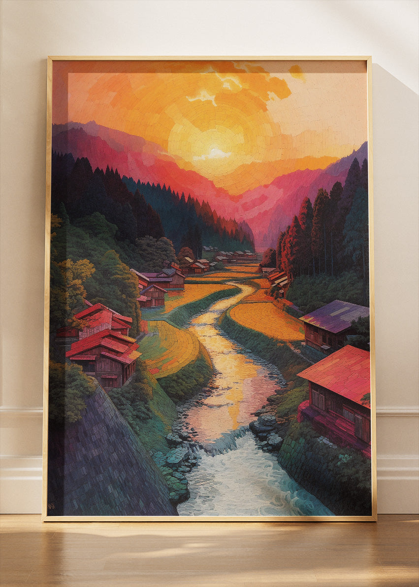 Golden Valley Village Sunset – Scenic River Landscape Canvas & Poster Print – AI PRINT LAB