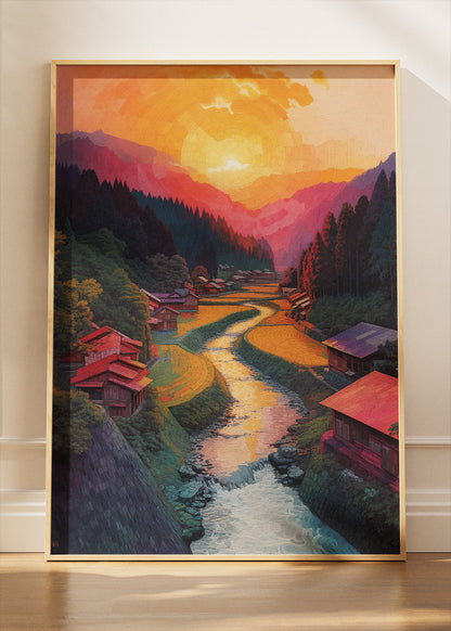 Golden Valley Village Sunset – Scenic River Landscape Canvas & Poster Print – AI PRINT LAB