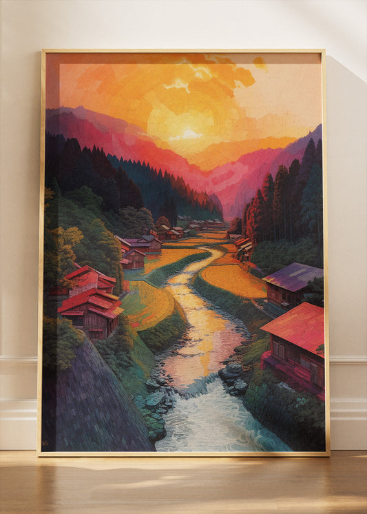 Golden Valley Village Sunset – Scenic River Landscape Canvas & Poster Print – AI PRINT LAB