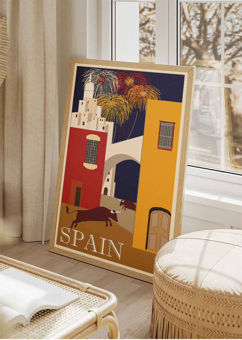 Spain Travel Poster & Canvas Print – Vintage Bull Run Illustration Art