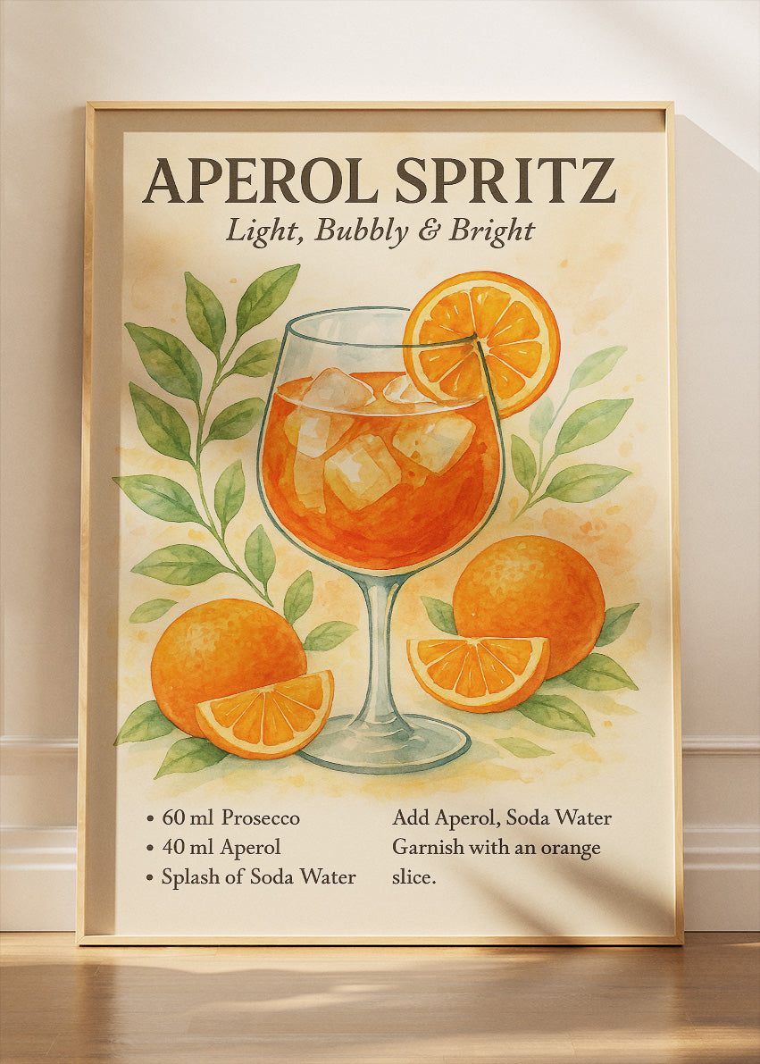 Aperol Spritz Watercolor Poster & Canvas Print | Elegant Cocktail Wall Art